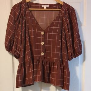 LC Lauren Conrad Brown Puff Sleeve Peplum Blouse